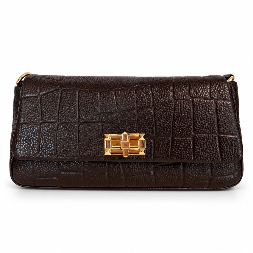 Brown Embossed Leather Shoulder Bag